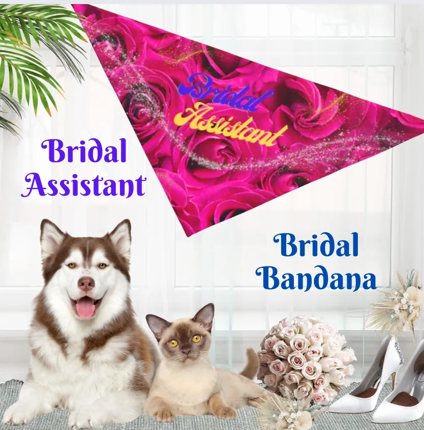 Vibrant Fushia Floral "Bridal Assistant" Pet Bandana, Bridal Engagement Wedding Botanical Print, Pet Lover CatLady Gift For Bride and Groom