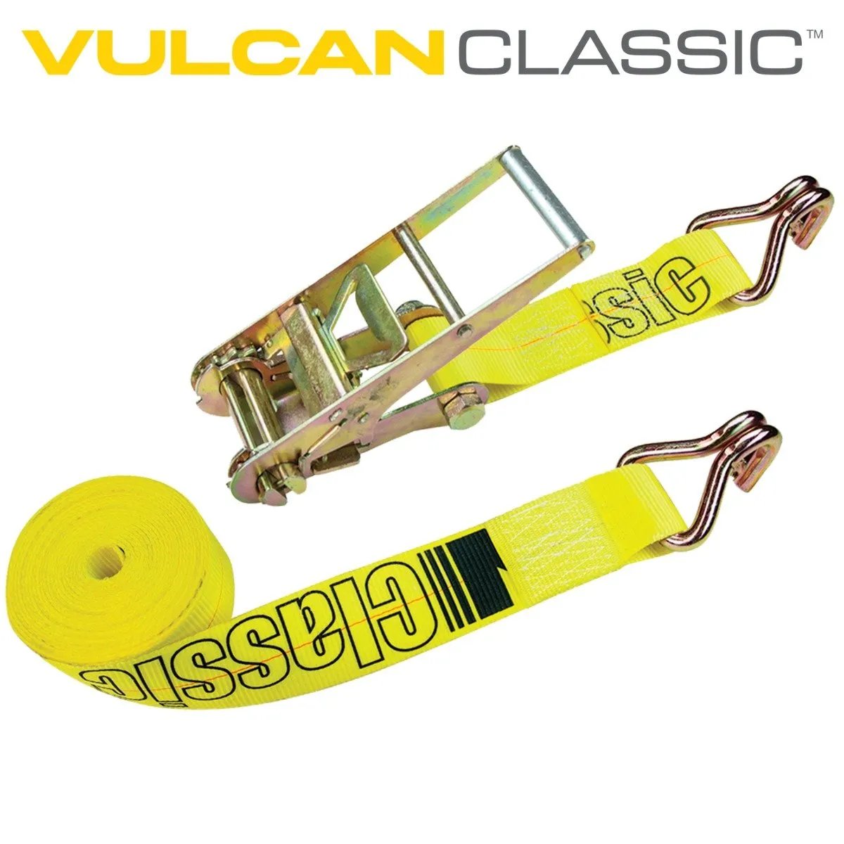 VULCAN Ratchet Strap with Wire Hooks - 3 Inch x 27 Foot - Classic Yellow - 5,000 Pound Safe Working Load