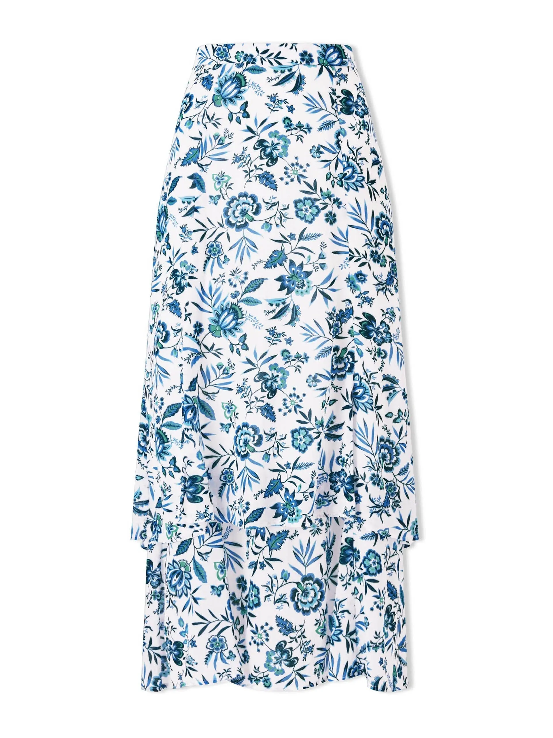 White blue palm floral Lotta cotton blend maxi skirt