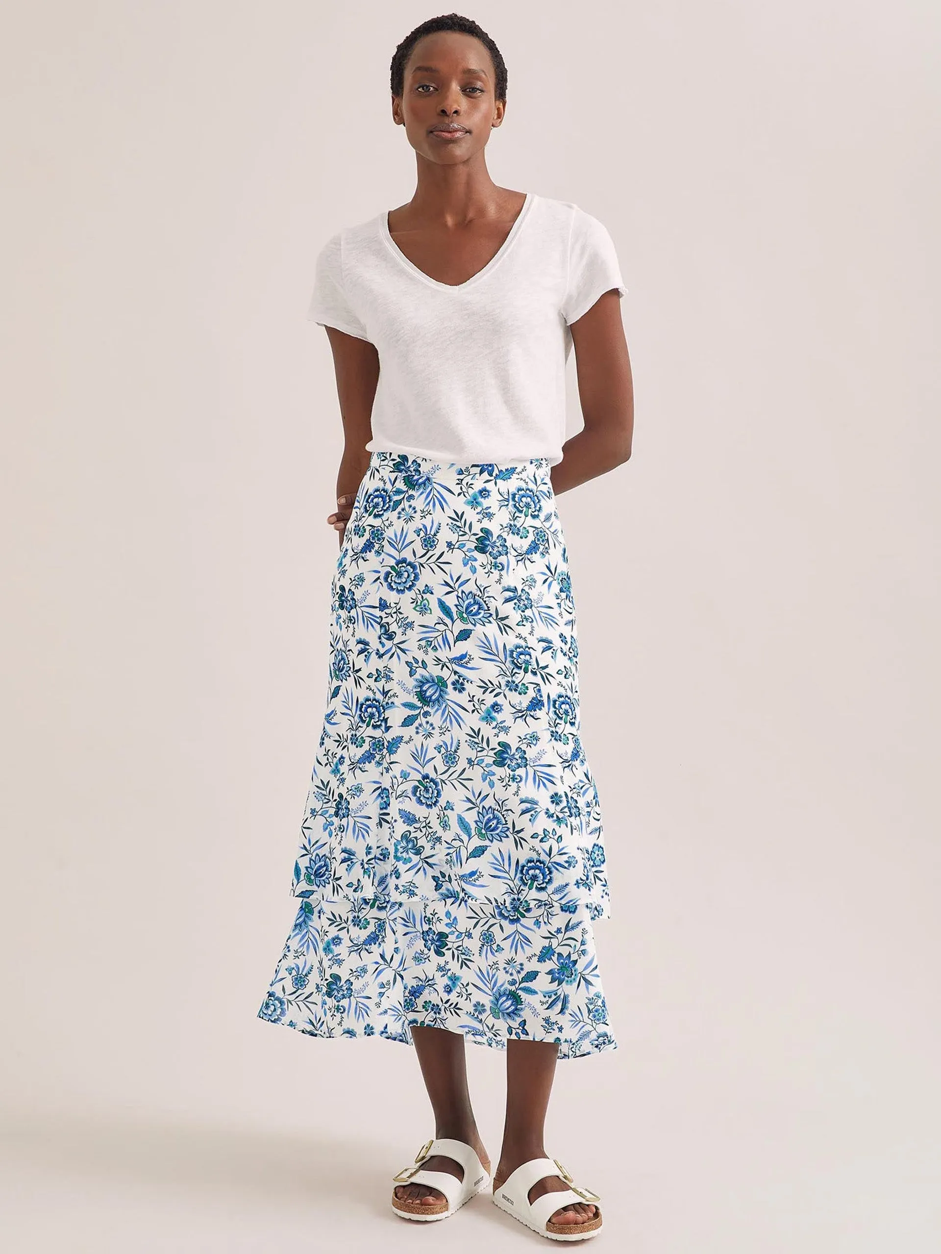White blue palm floral Lotta cotton blend maxi skirt