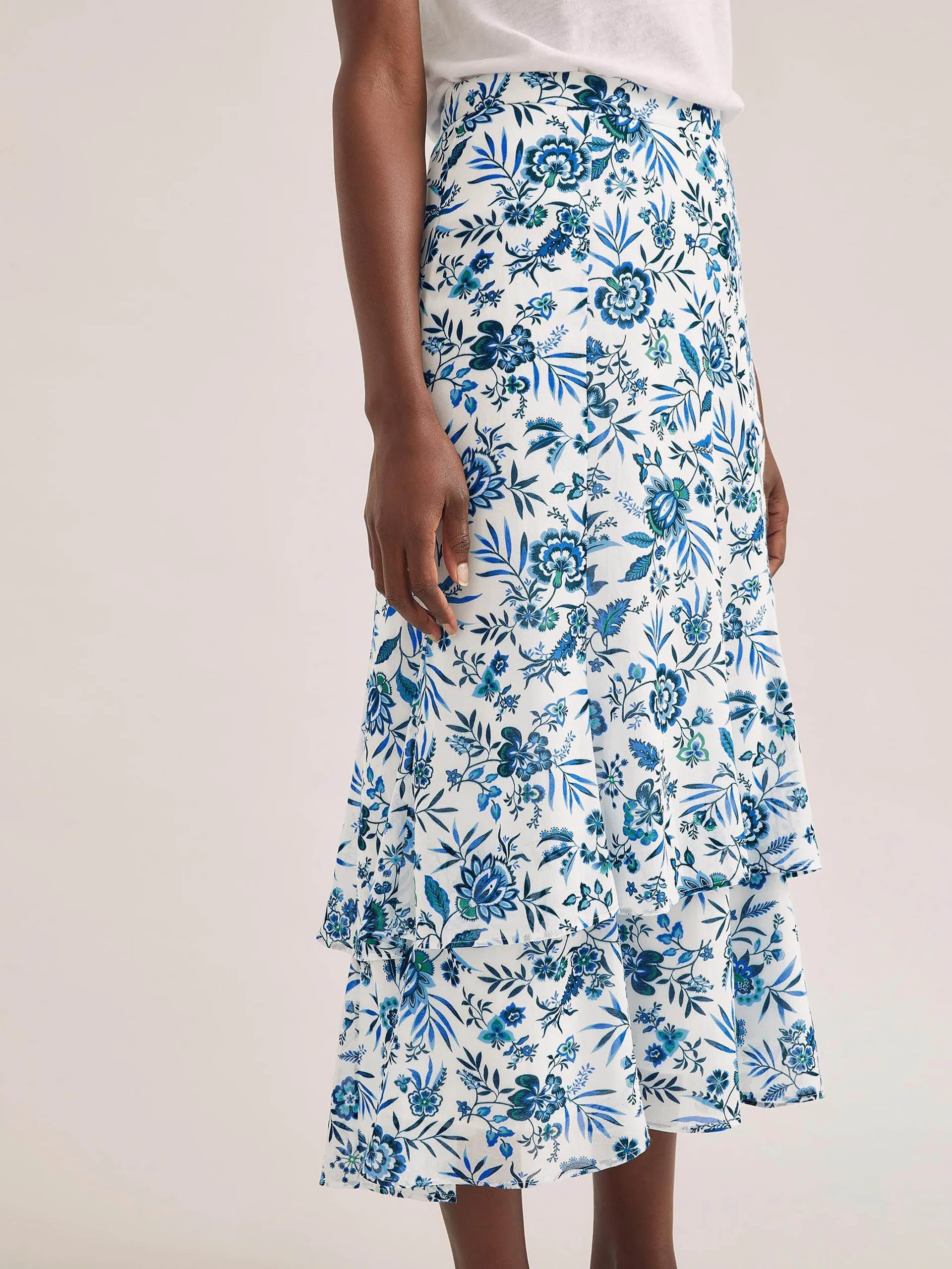 White blue palm floral Lotta cotton blend maxi skirt