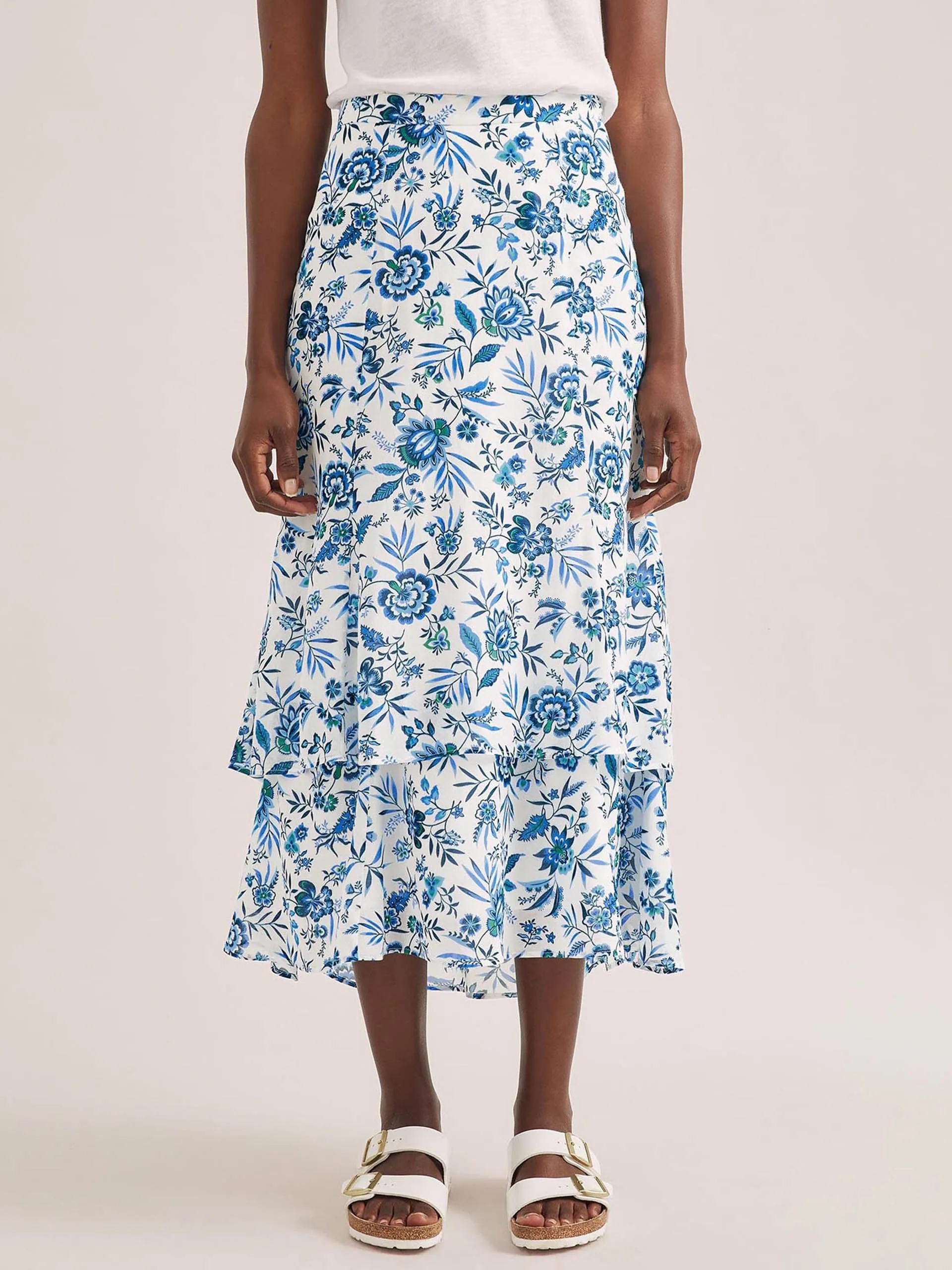 White blue palm floral Lotta cotton blend maxi skirt