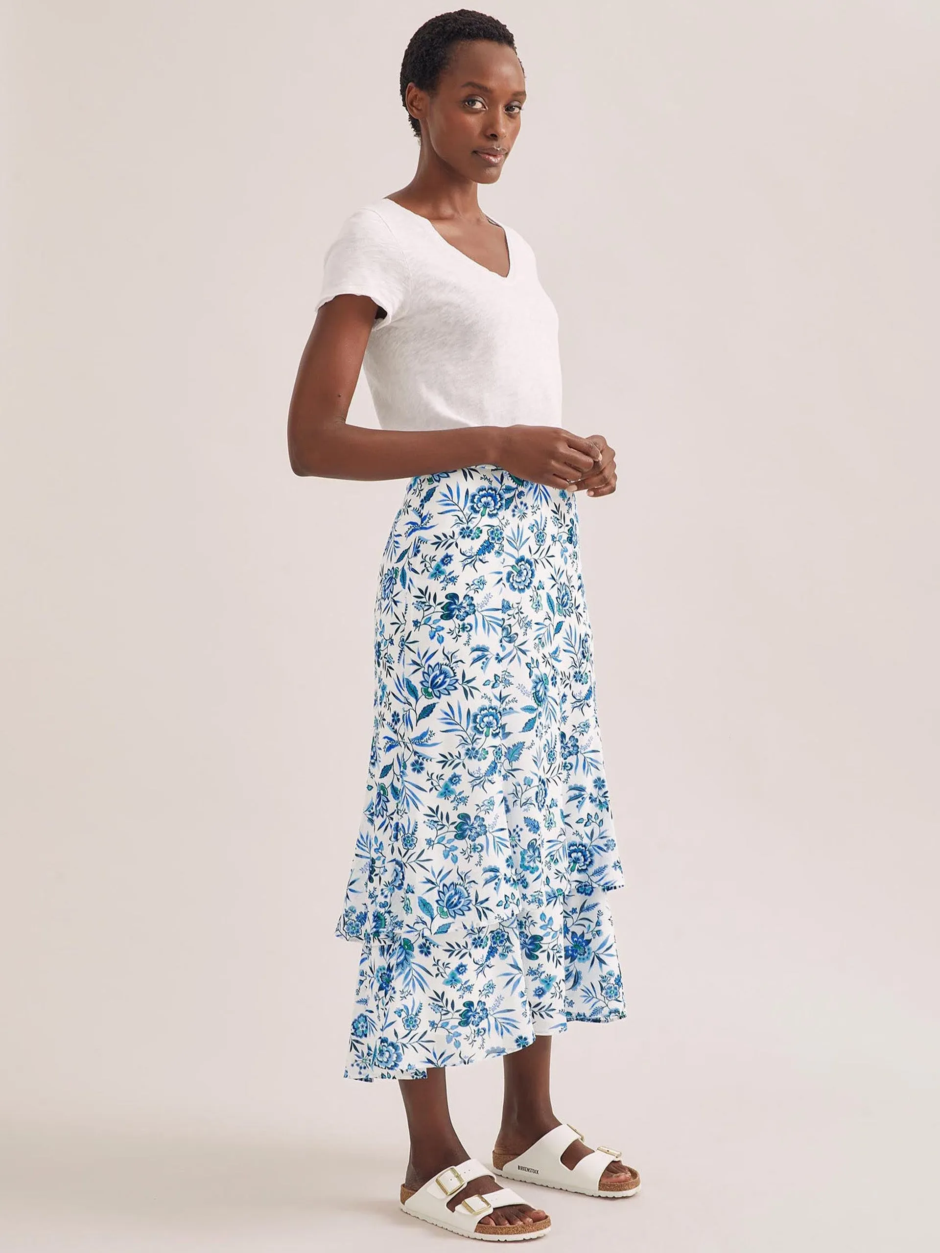 White blue palm floral Lotta cotton blend maxi skirt