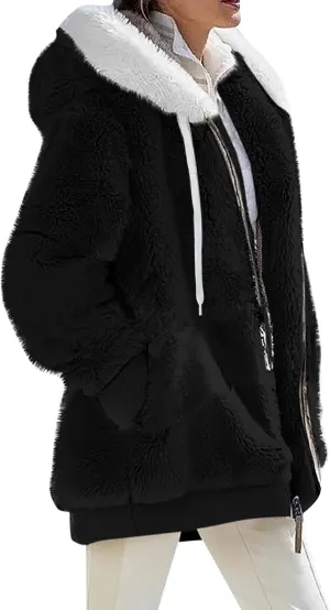 Womens Fleece Jackets Solid Zip Up Coats Long Sleeve Fuzzy Hooded Cardigans Jacket Outerwear With Pockets