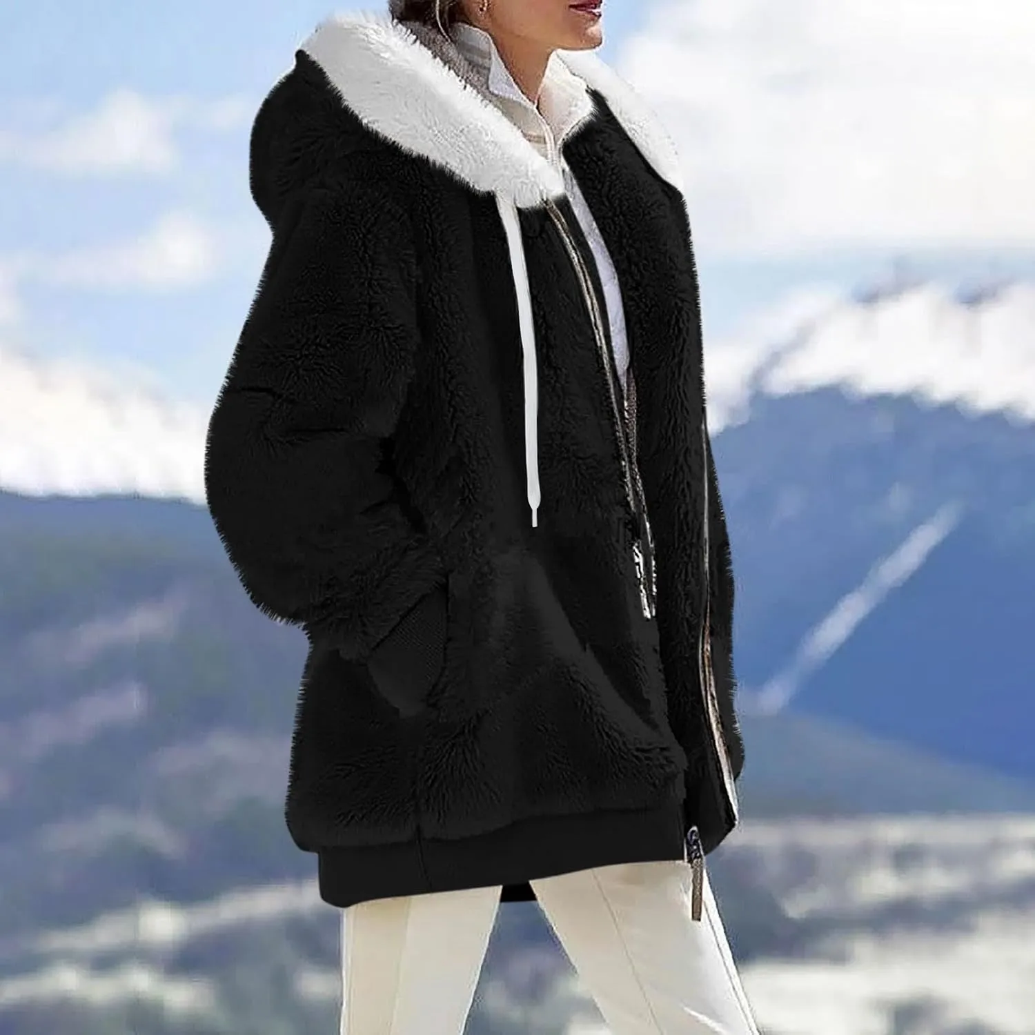 Womens Fleece Jackets Solid Zip Up Coats Long Sleeve Fuzzy Hooded Cardigans Jacket Outerwear With Pockets