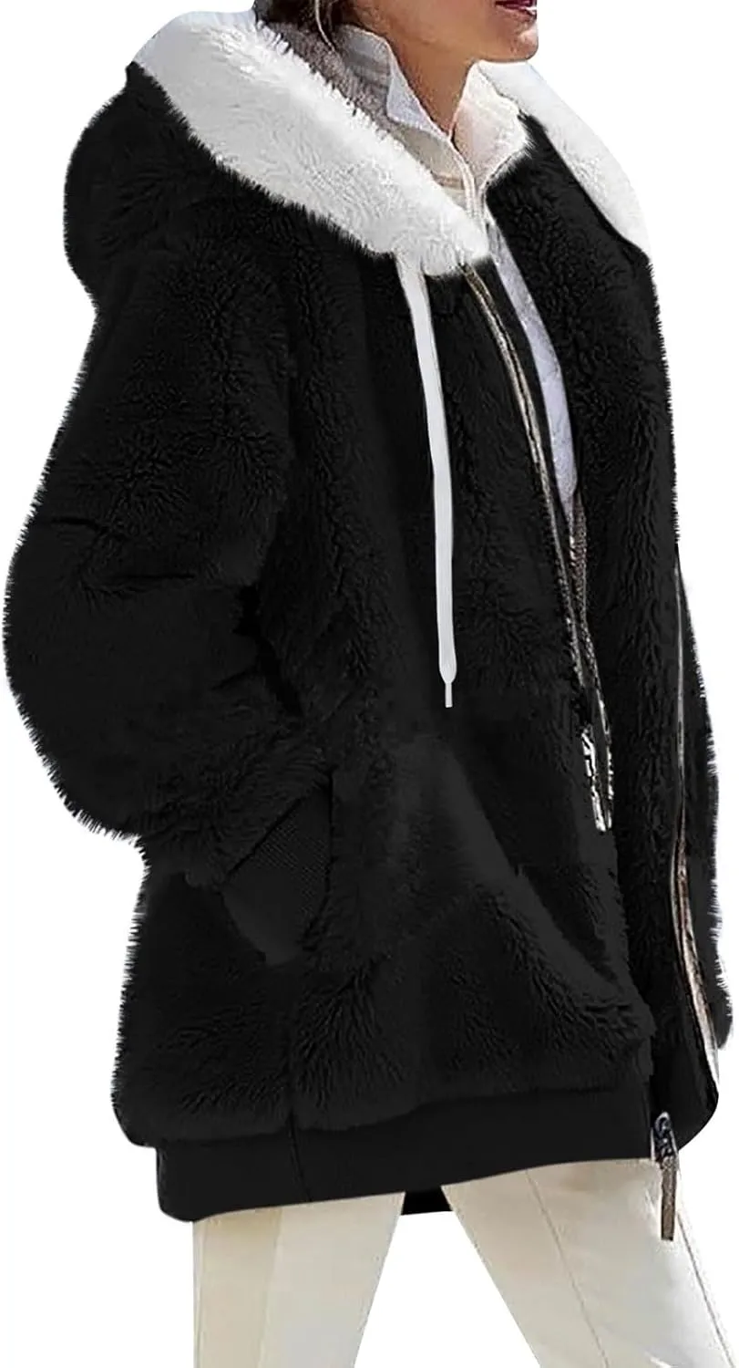 Womens Fleece Jackets Solid Zip Up Coats Long Sleeve Fuzzy Hooded Cardigans Jacket Outerwear With Pockets