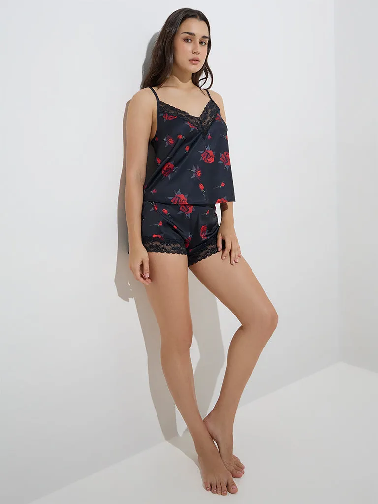 Wunderlove Black Rose Design High-Rise Shorts