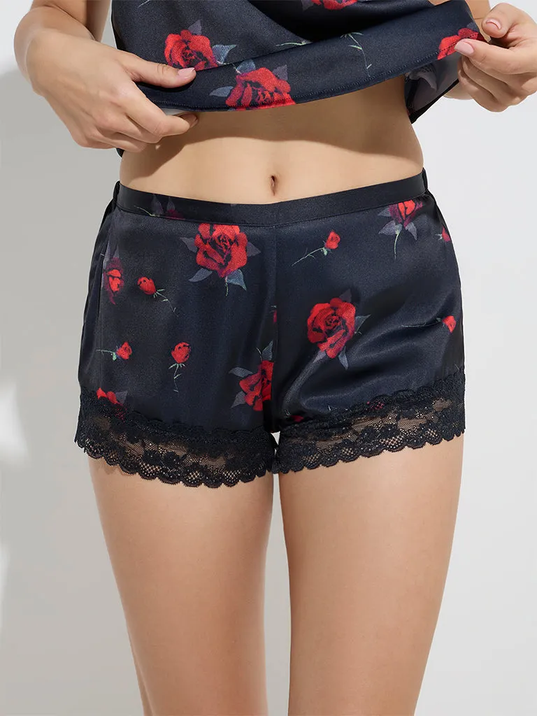 Wunderlove Black Rose Design High-Rise Shorts